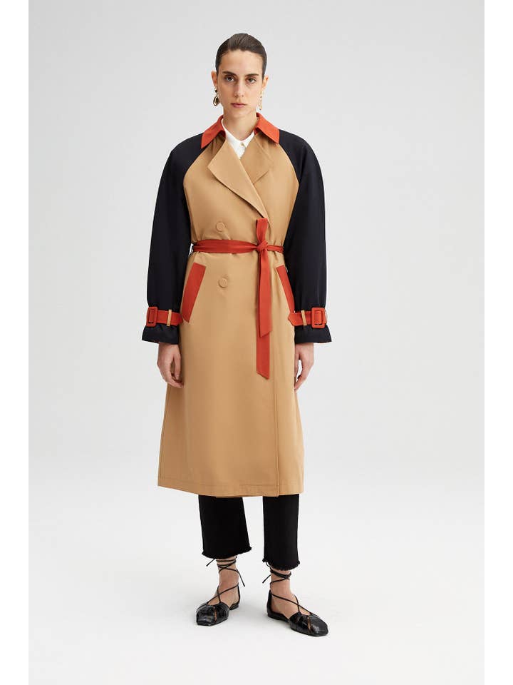 Beige Colorblock Bælte Trenchcoat – Bomuldsblanding for engroshandel på Faire3