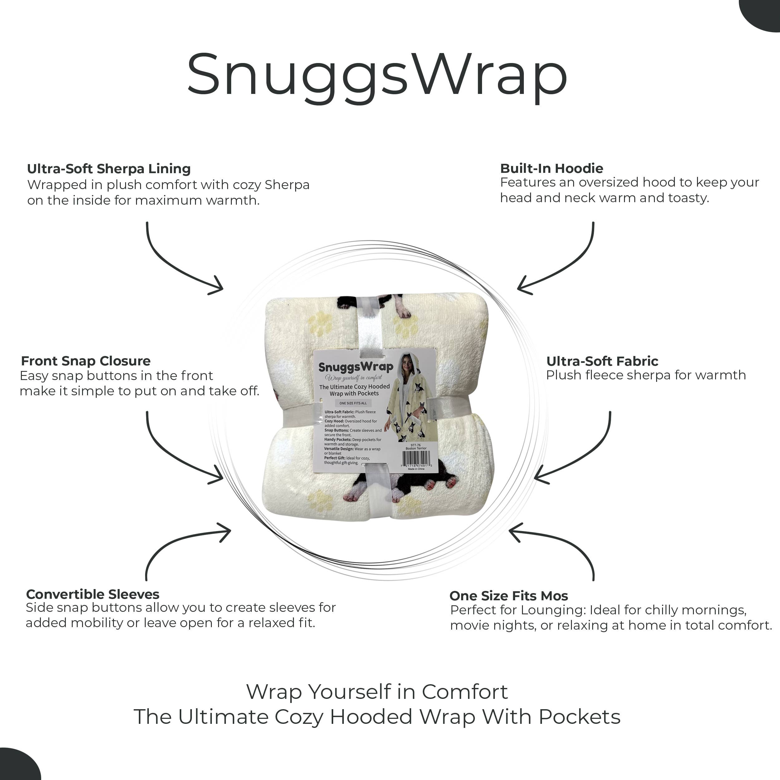 E&S Pets - Wholesale Hoodie - Unisex - Boston Terrier Snugg Wraps with Hoodie – Ultra Soft Sherpa Fleece Wrap for Pet Lovers2