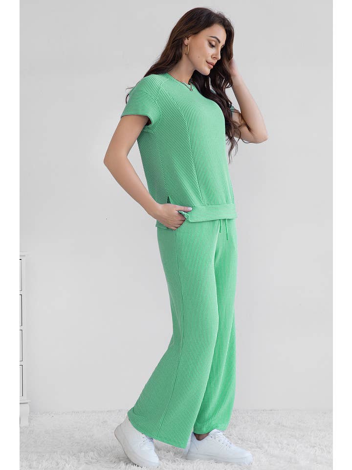 LA Society - Wholesale Lounge Set - Women's - Cable Knit Short Sleeve T Shirt and Wide Leg Pants Set8