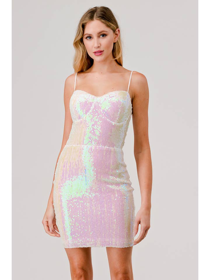 Lovesome - Vente Robe – femme - CD41028 : MINI-ROBE BUSTIER EN IRIS À SEQUINS UNIS