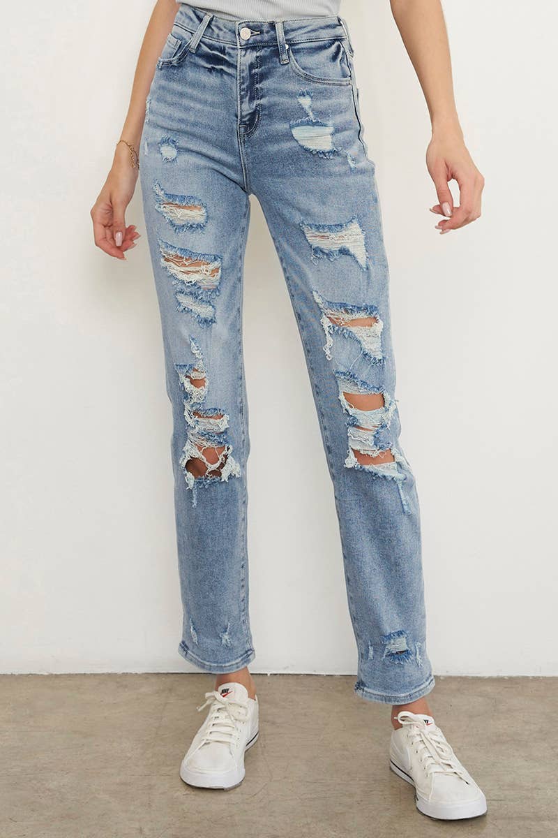 Insane Gene USA - Venta al por mayor Vaqueros - Mujer - Vaqueros Tobilleros Girlfriend de Tiro Medio Rasgados - Lavado Claro6