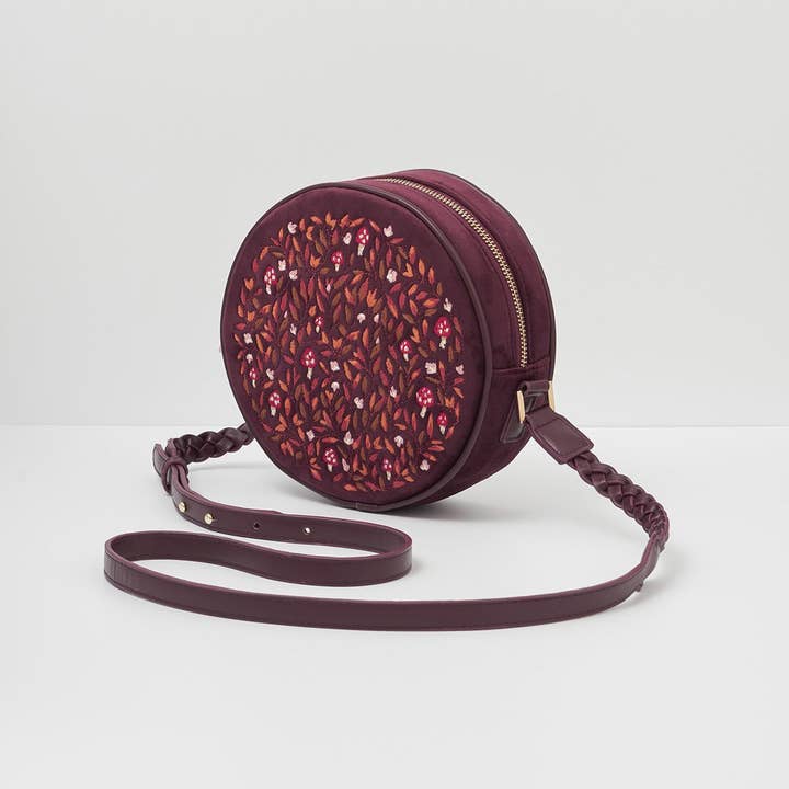 Fable England – Großhandel Umhängetasche - Damen – Magische Pilz bestickte runde Samttasche – US, UK & EU1