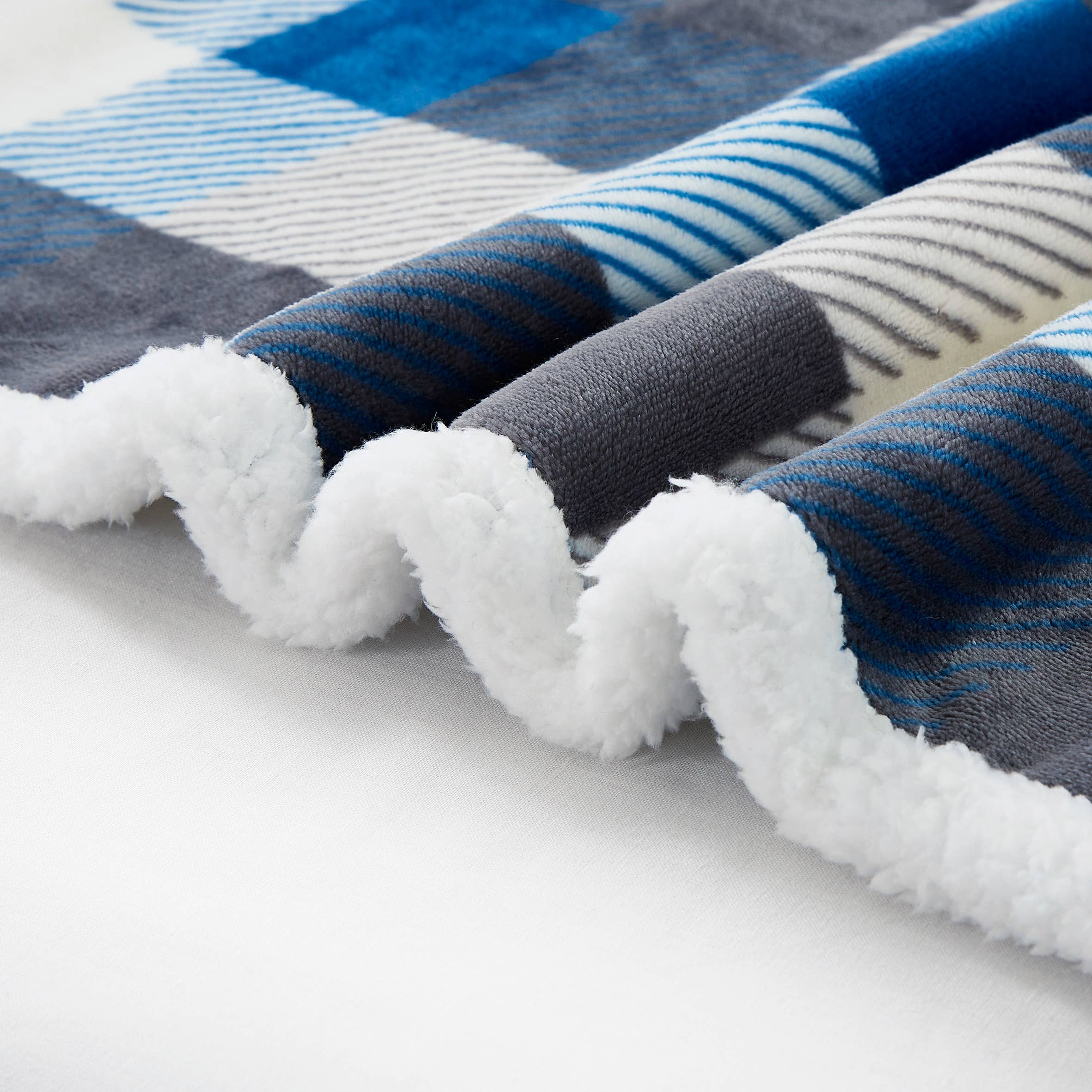 Duke Imports - Vendita all'ingrosso Plaid - Coperta in flanella Sherpa a quadri blu e grigi 50"x60"4