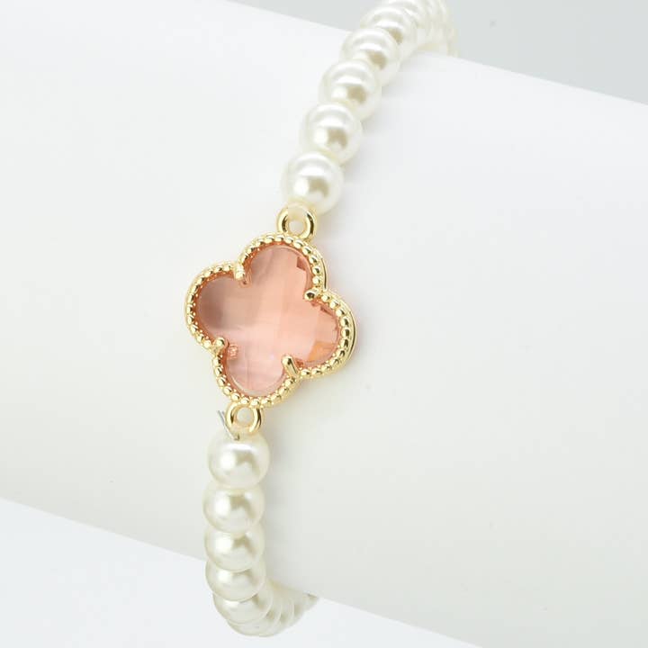 MiMi Wholesale - Wholesale Beaded Bracelet - Clover Accent Pearl Stretch Beaded Bracelet4