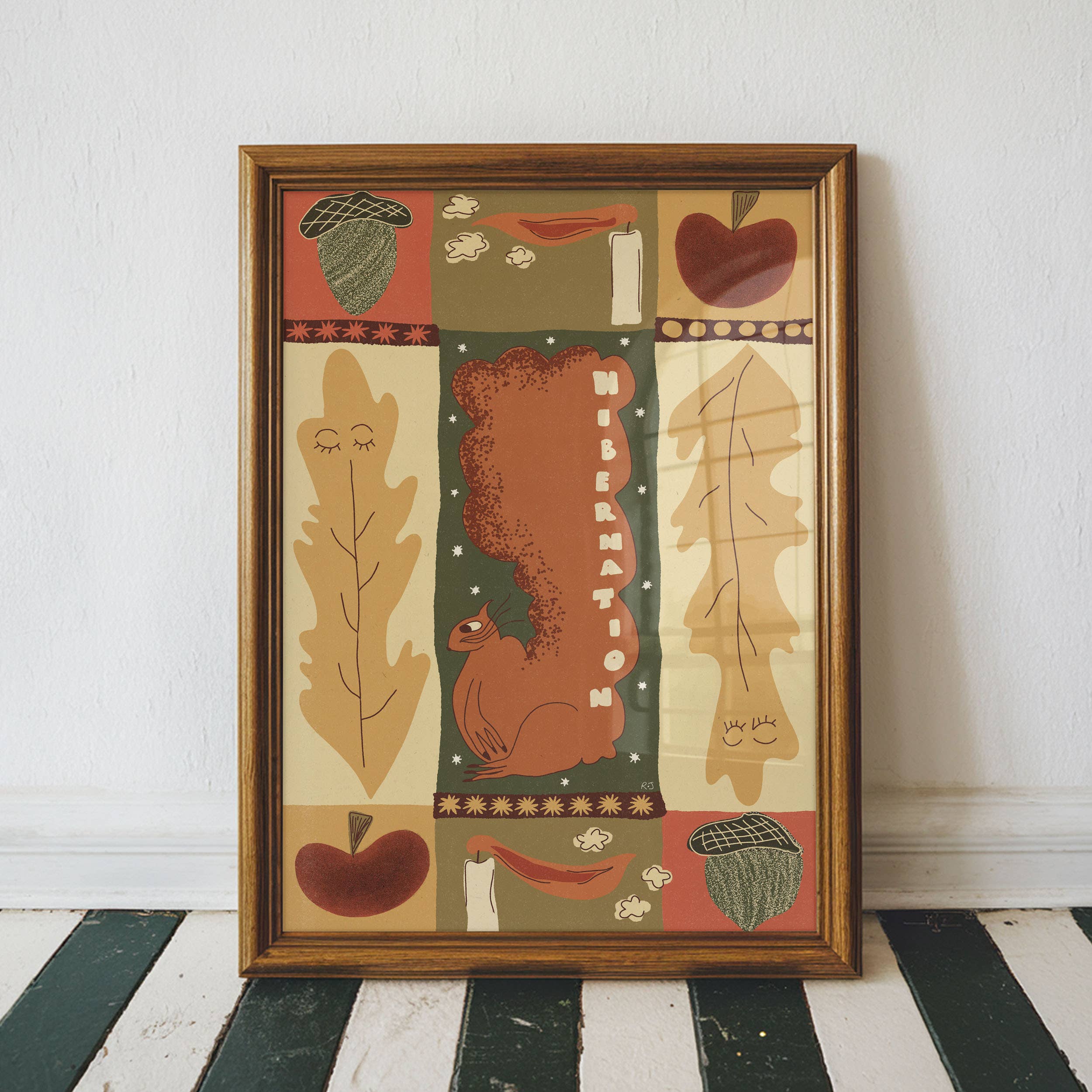 Rebecca Joy Ltd - Vente Affiche d'art - 'Hibernation' | Automne | Citrouille | Écureuil | Folklorique | Imprimé de bougie1