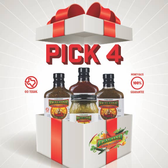 Build Your Own 4-Bottle Pack for wholesale by Hot Line Pepper Products LLC
