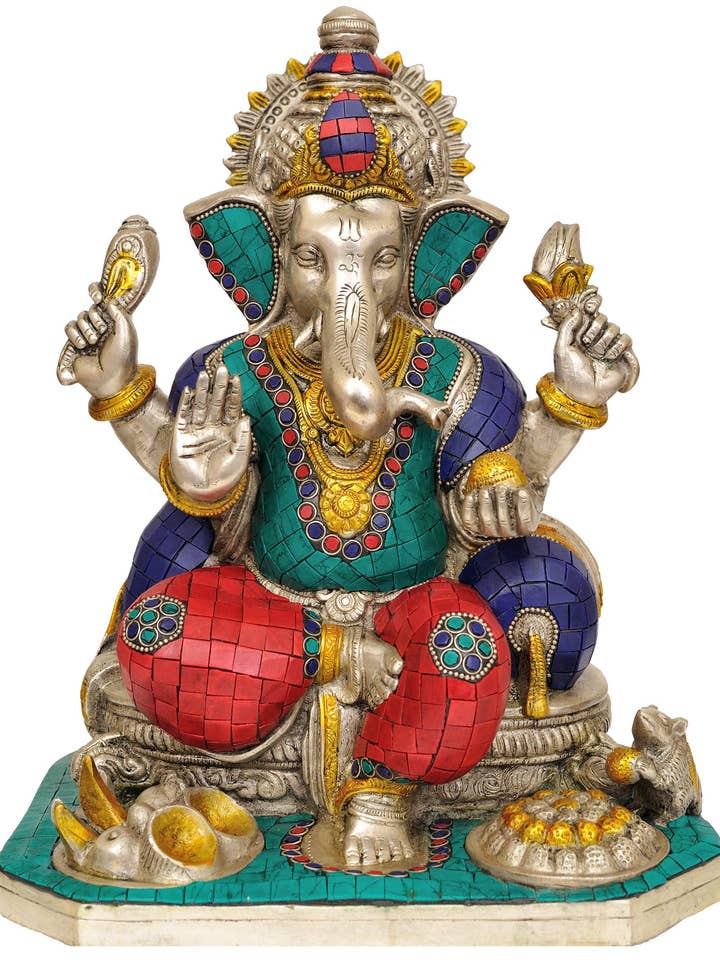 Lord Ganesha de 12 po (avec incrustation) en laiton avec incrustation pour la vente par Exotic India Art