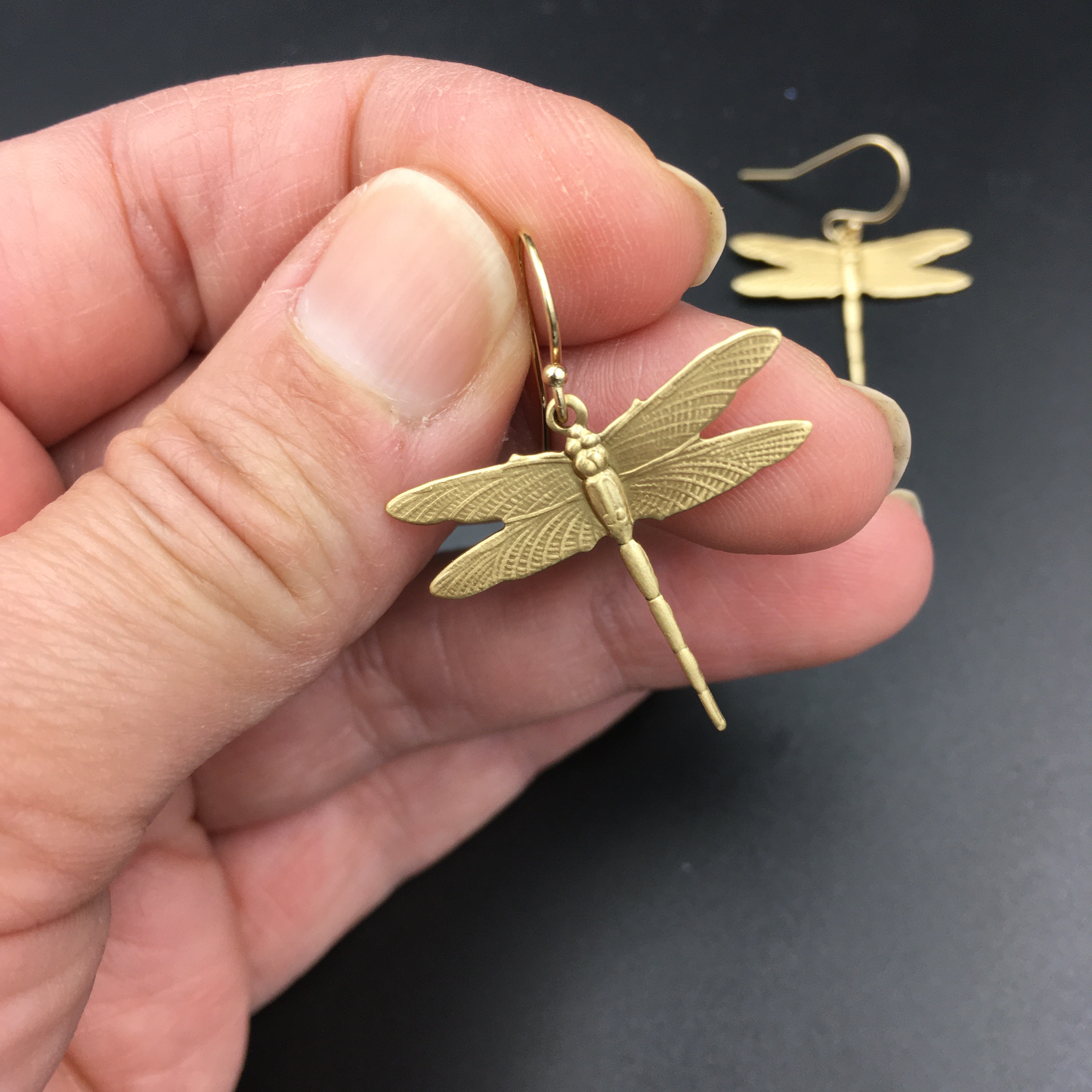 Metal Cloth & Wood - Wholesale Dangle Earrings - Dragonfly Dangle Earrings in Bright Gold or Antiqued Brass4