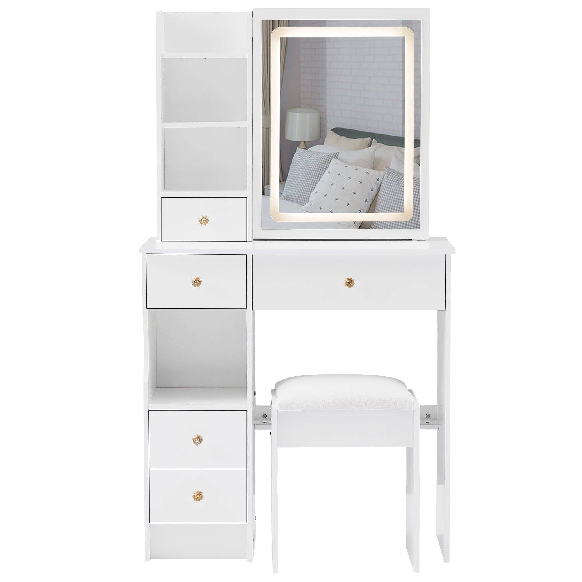White Small Vanity Dressing Table with Padded Stool & Mirror Light for wholesale on Faire6