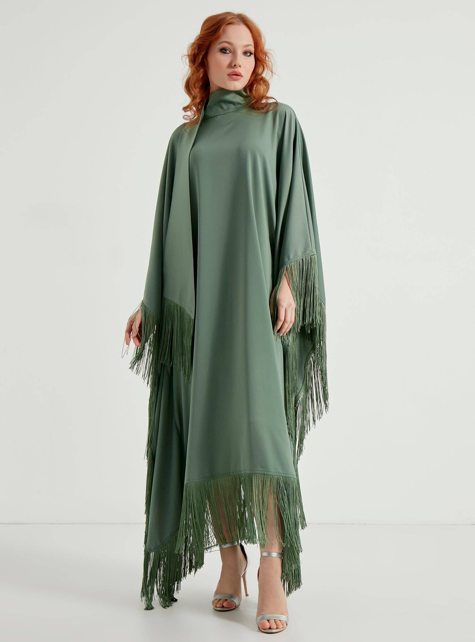 Store WF – wholesale Kaftan – Women's – Mint Fringed Kaftan Dress With Tie Neck Detailed7
