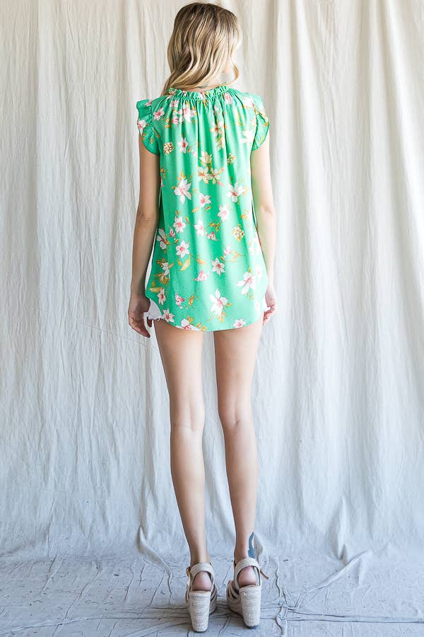 7th Ray - Wholesale Blouse - Women's - Boho Floral Ruffle Sleeve  Shirred Neckline Blouse T479313