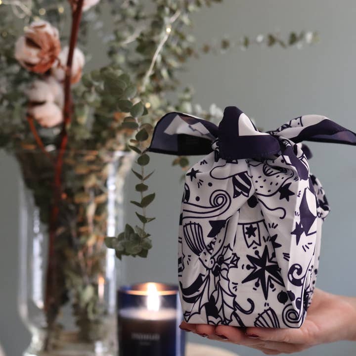 Jingle All the Way furoshiki gift wrap recycled (rPet) for wholesale by Wrapuccino Ltd