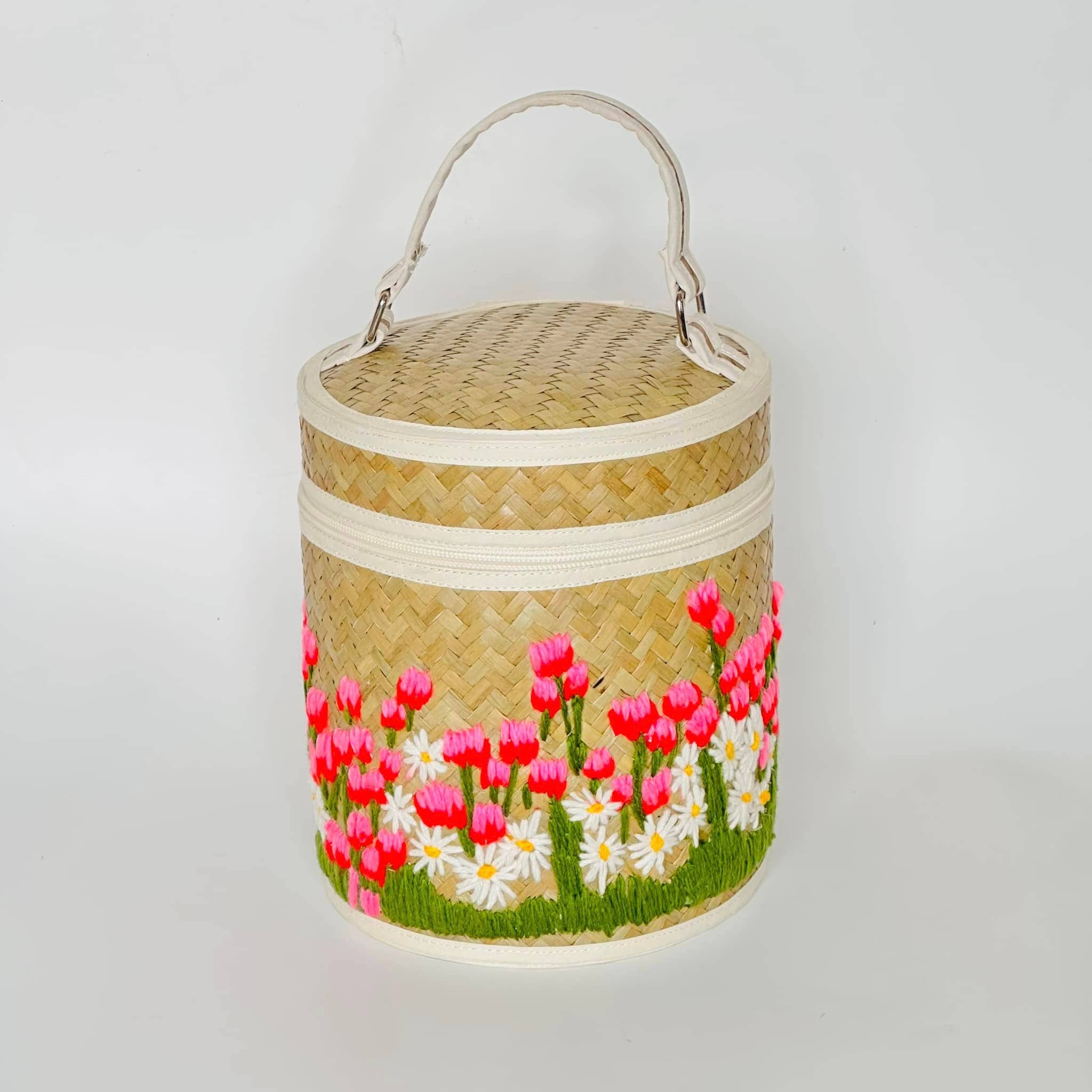Beige & Co Thai Crafts - Wholesale Basket - Floral Garden Hand Embroidery on Natural Hand Woven Basket4
