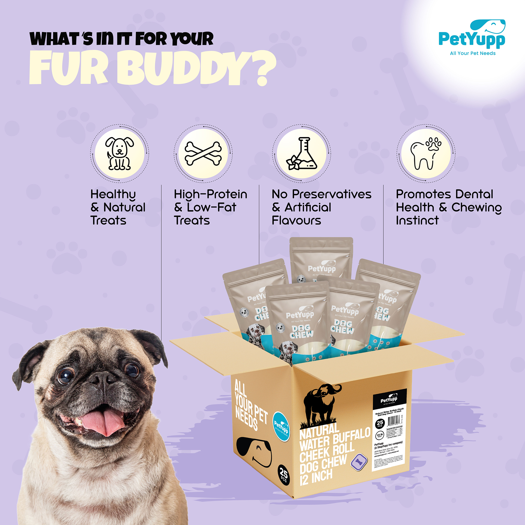 PetYupp - Wholesale Pet Treats - Dog - Dog Bulk Treats - Cheek Roll 12 Inch - Pack of 25 Count2