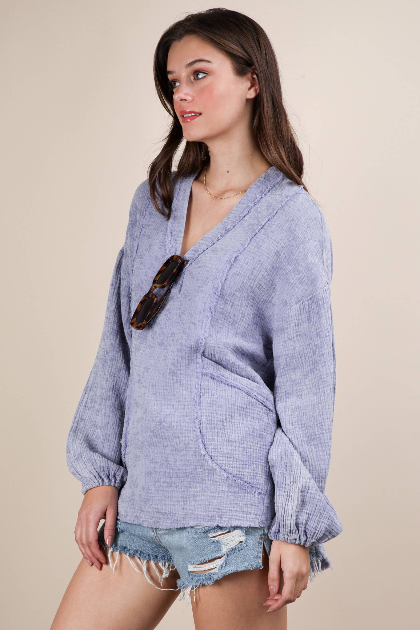 VERY J - Wholesale Shirt - Women's - NT12105-Washed Cotton Gauze Oversized Top13