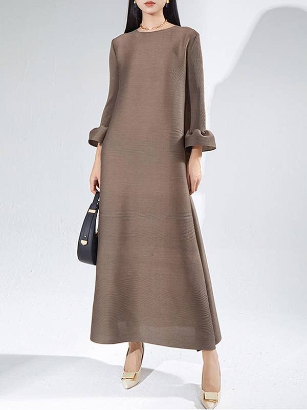 Sheer Trend - Wholesale Dress - Women's - A-Line Loose Pleated Solid Color Round-Neck Maxi Dresses0