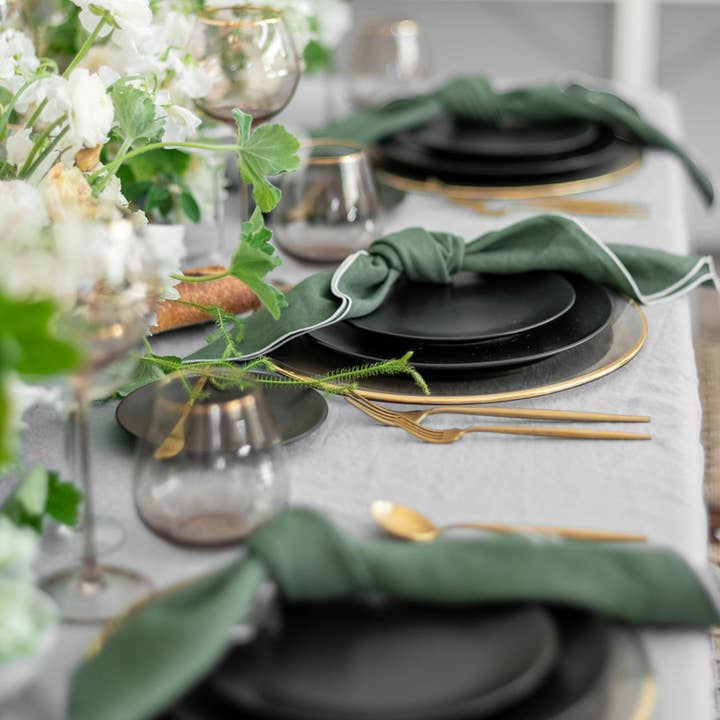 Stone Washed Linen Napkins – Olive with White Trim (Set of 4) for wholesale on Faire2