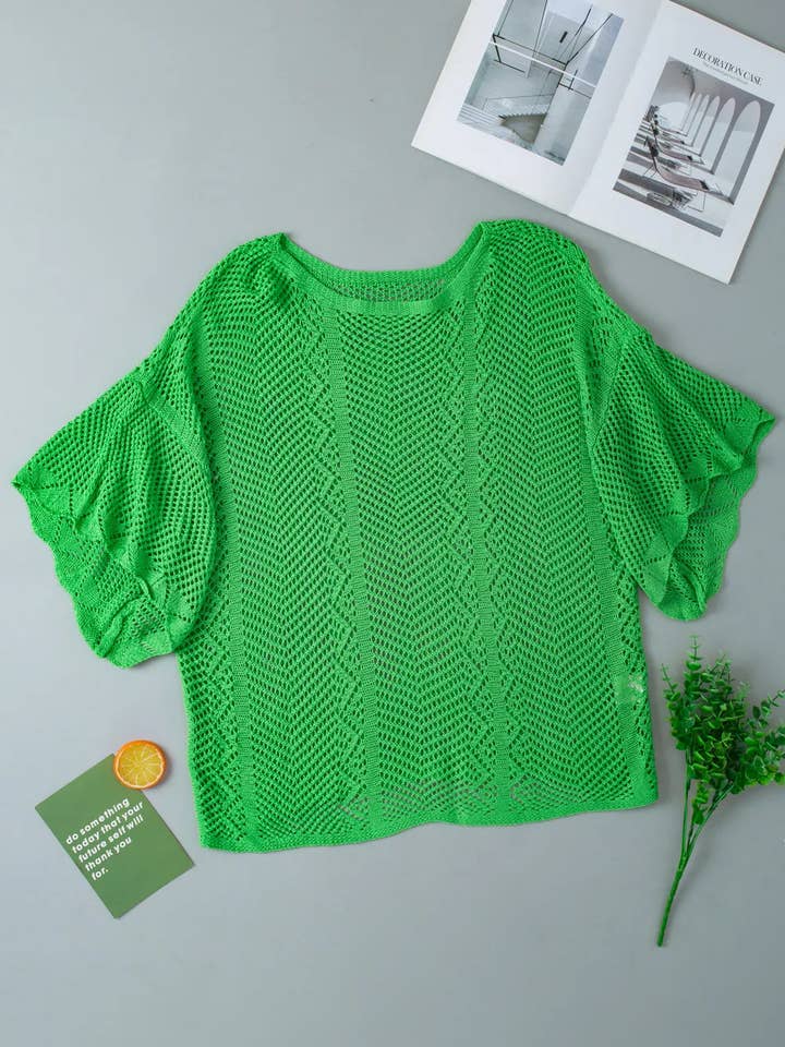 Lovesoft - Wholesale Gebreide top - Dames - Pointelle Knit Scallop Edge top met korte mouwen voor dames10