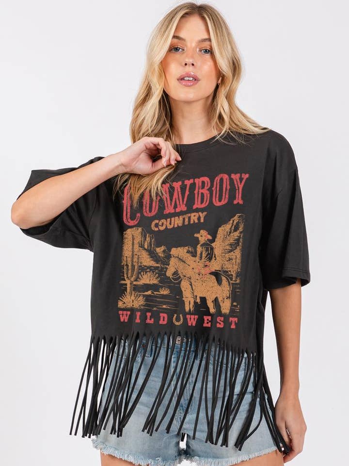 Cowboy Country Wild West Vintage Graphic S/S Fringe Tee for wholesale by Zutter