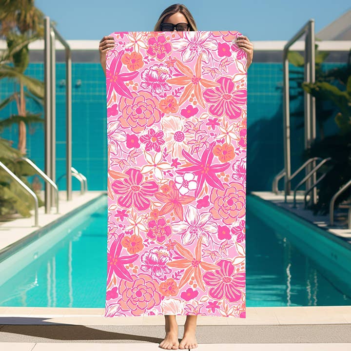 Telo da mare in resort floreale rosa e pesca per la vendita all'ingrosso da parte di Katherine Way