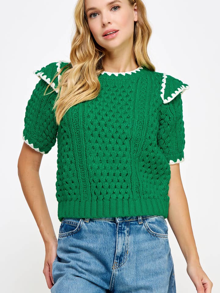 Embroidery Contrast Short Sleeve Sweater for wholesale by Strut & Bolt