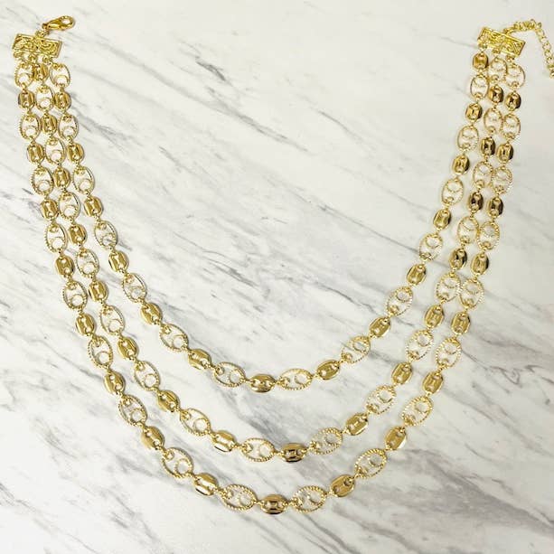 3 Strand Smooth and Textured Oval Link Necklace for wholesale by Anita K By Blushing Pink