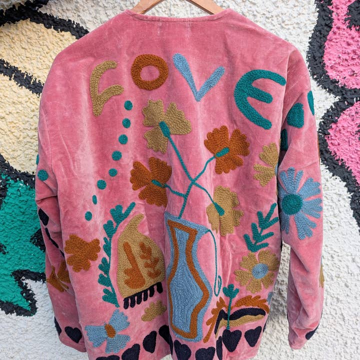 KÄRLEK Rose Pink Velvet Suzani Kimono Broderad Boho Jacka för wholesale av Twinflower