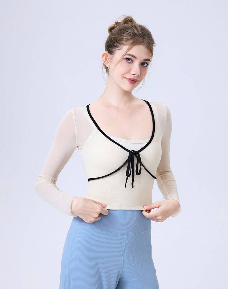 Crave by FW - Wholesale Athletic Top - Women's - Faux Two Piece Long Sleeve Mesh Crop Top Tie Yoga T-Shirts2