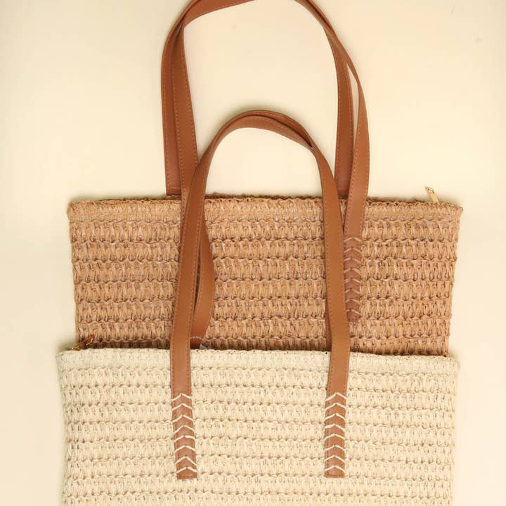 Woven Shoulder Zippered Tote Bag with Faux Leather Handles for wholesale by SP Sophia Collection