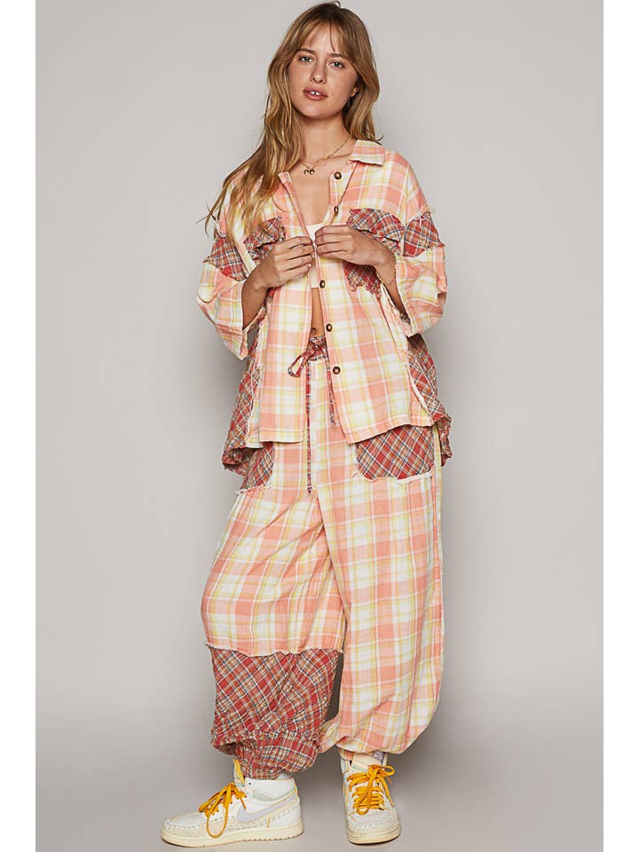 CORAL MULTI Woven plaid print quarter sleeve button down shirt SALE for wholesale on Faire