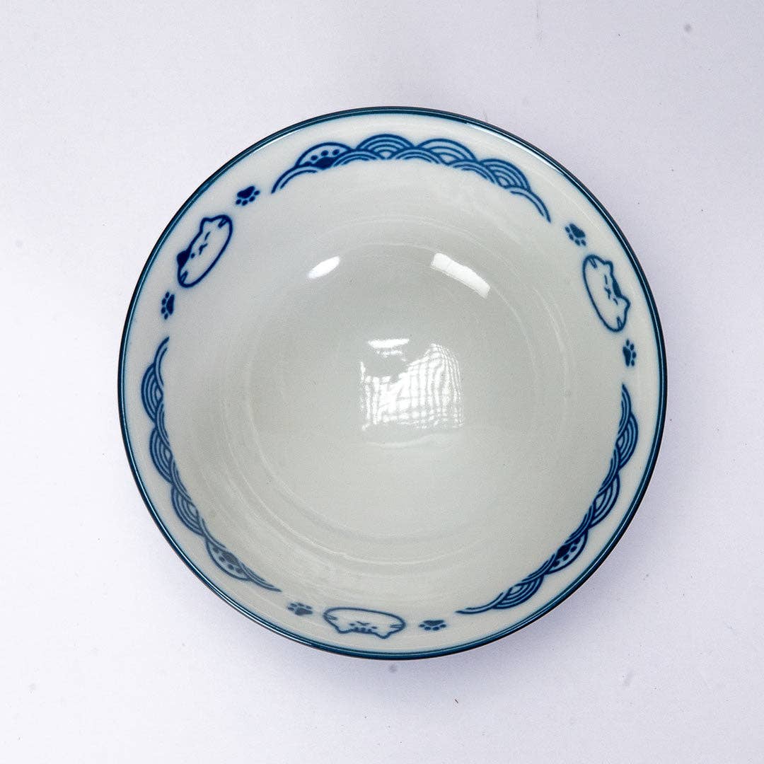 Urban Tokyo - Wholesale Bowl - Seikaiha Neko Design 10oz 4.5"Dia x 2.5"H Porcelain Rice Bowl Navy JP (5/90)3