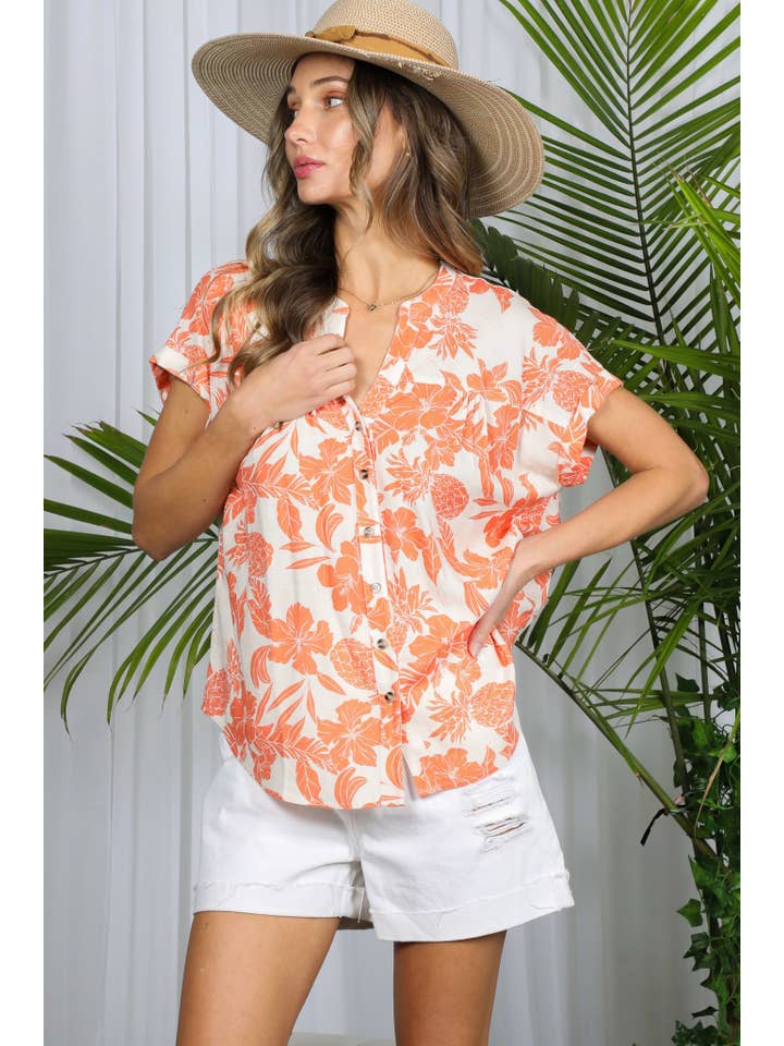 Vine & Love - Wholesale Button Down Shirt - Women's - Floral Pineapple Henley Neck Roll-Up Shirt Top VT82331A4