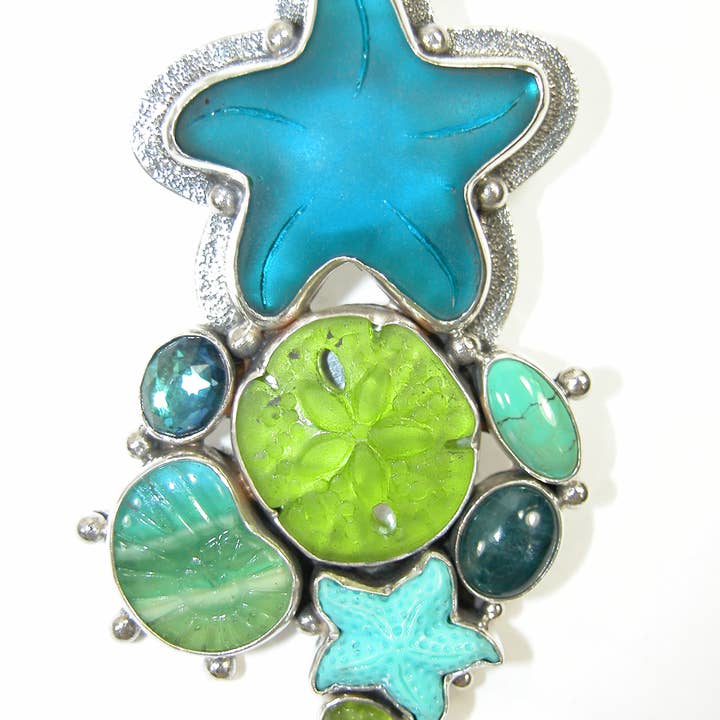 Ciondolo a spilla in argento sterling con quarzo turchese Sealife in vetro per la vendita all'ingrosso da parte di Amy Kahn Russell