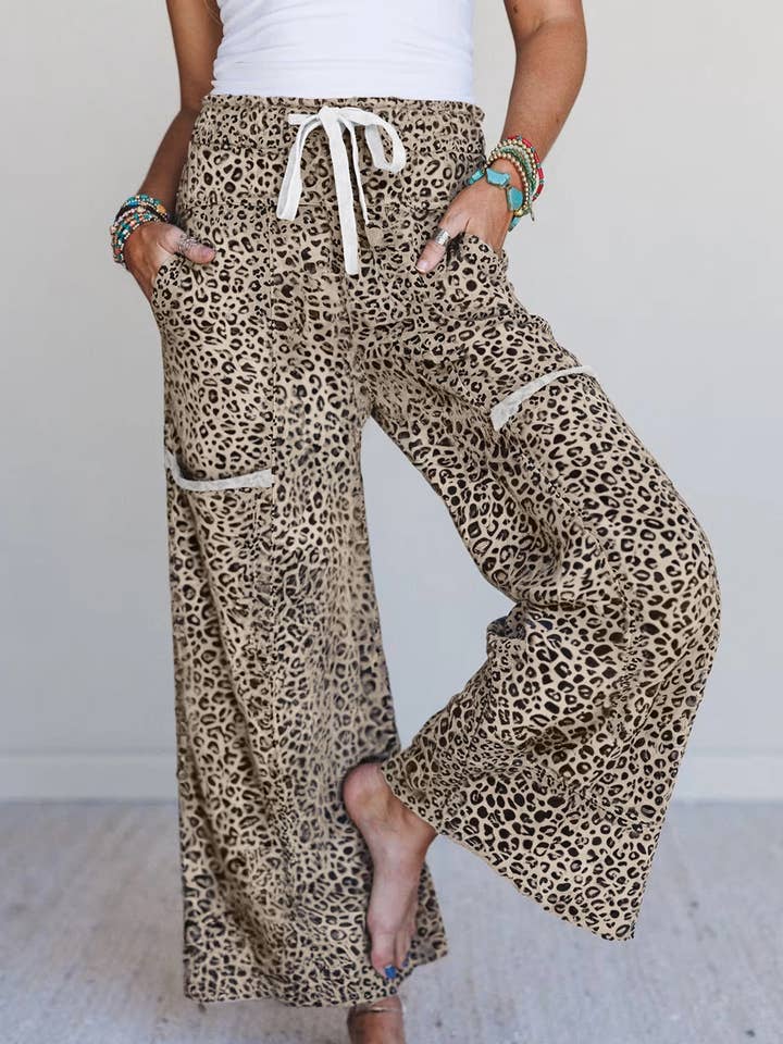 Animal Print Wide Leg Terry Knit Pants for wholesale by FULL TIME PURCHASE