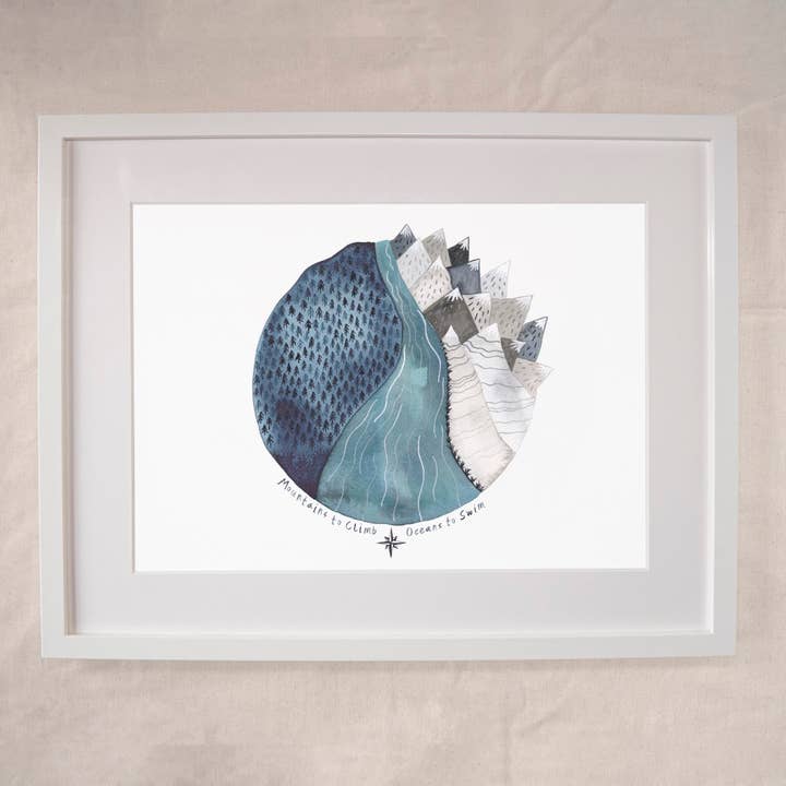 Berg att klättra hav för att simma - Wanderlust Art Print för wholesale av Hattie Buckwell
