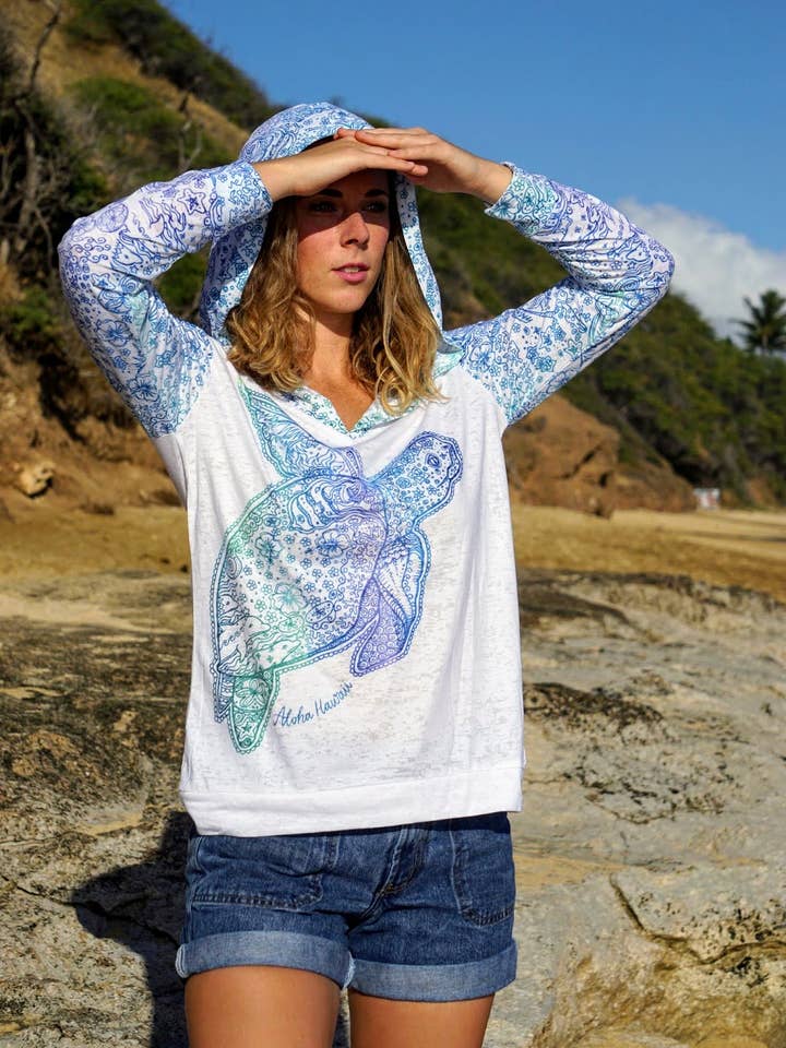 Kai Wahine Designs Honu Happiness Lightweight Burnout Hoodie for wholesale by HAWAIIAN DRIFT INC