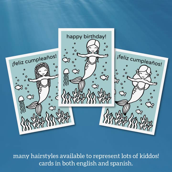 Calamari Inc. - Venta al por mayor Tarjetas de cumpleaños - Tarjeta de cumpleaños para colorear, sirena con pelo rizado2