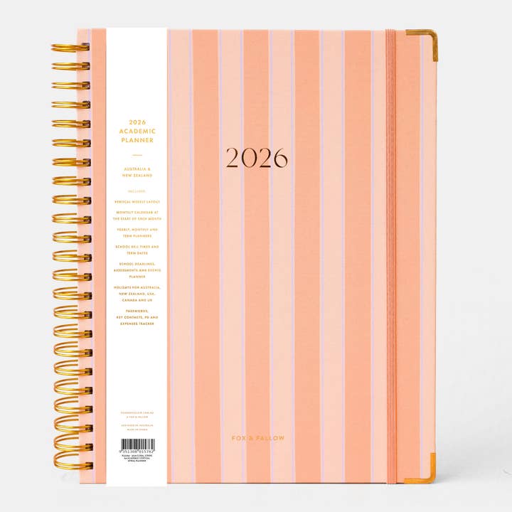 Fox & Fallow - Wholesale Planner - 2026 Coral Stripe A4 Academic Vertical Spiral Planner1