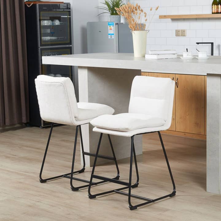 Soft White Fabric Counter Stool Set with Black Steel Legs for wholesale by Module Interior