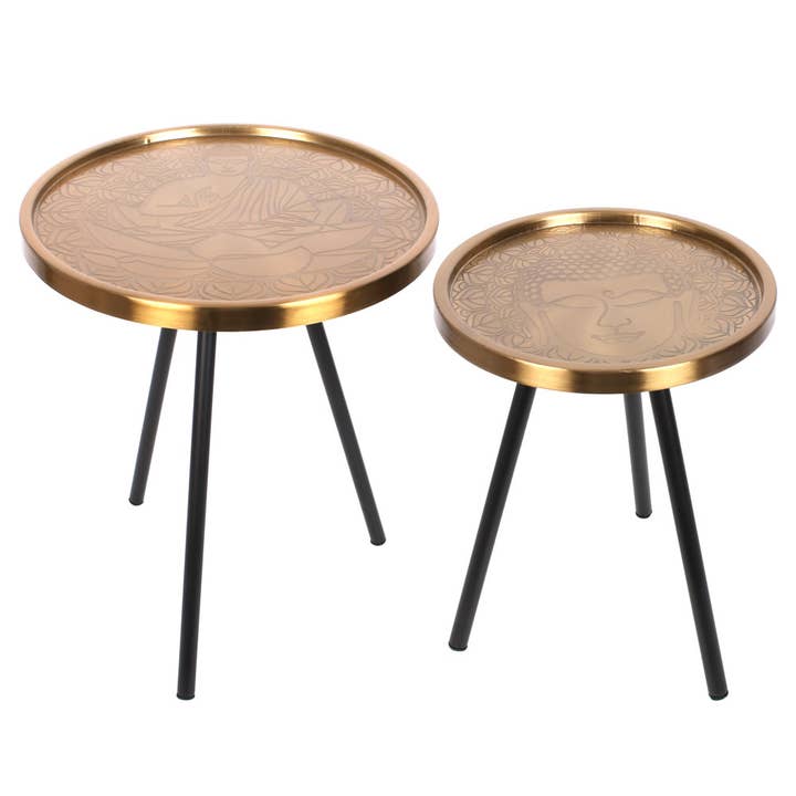 Set of 2 Gold Buddha Tables for wholesale by Something Different Wholesale