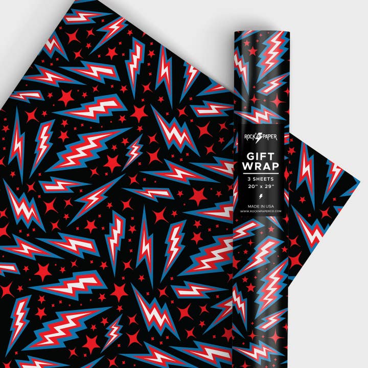 Rebel Rebel Gift Wrapping Paper, Lightning Bolt, Retro style for wholesale by Rock'N Paper