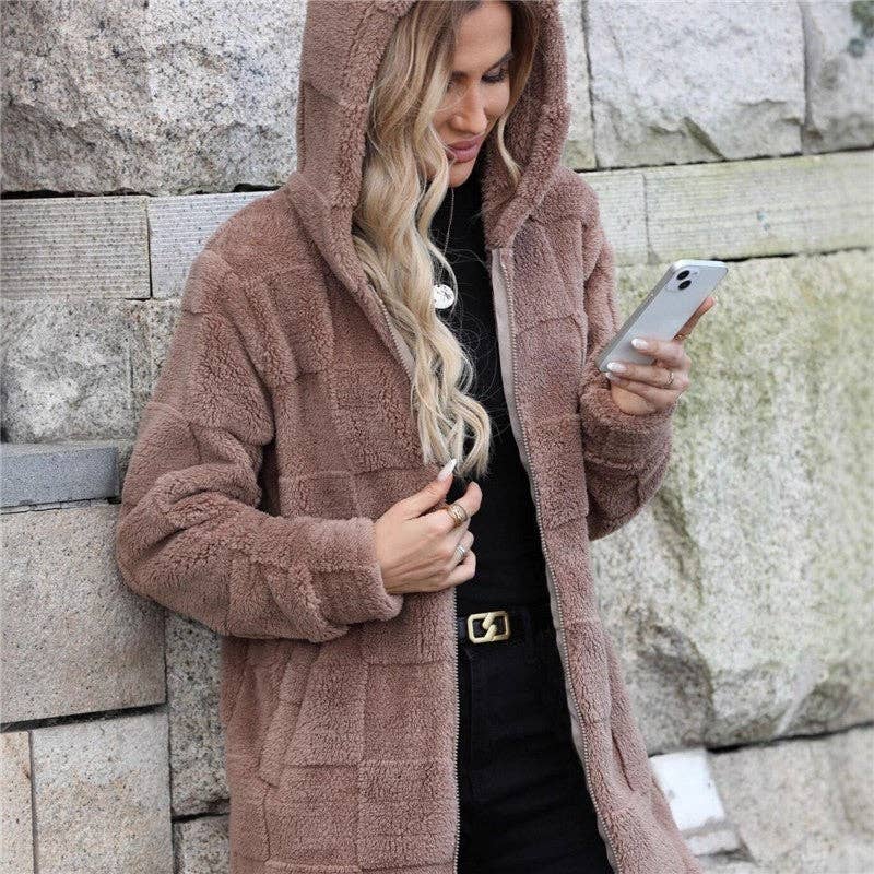 KAKI Manteau en polaire à capuche ample et long cardigan en vente sur Faire2