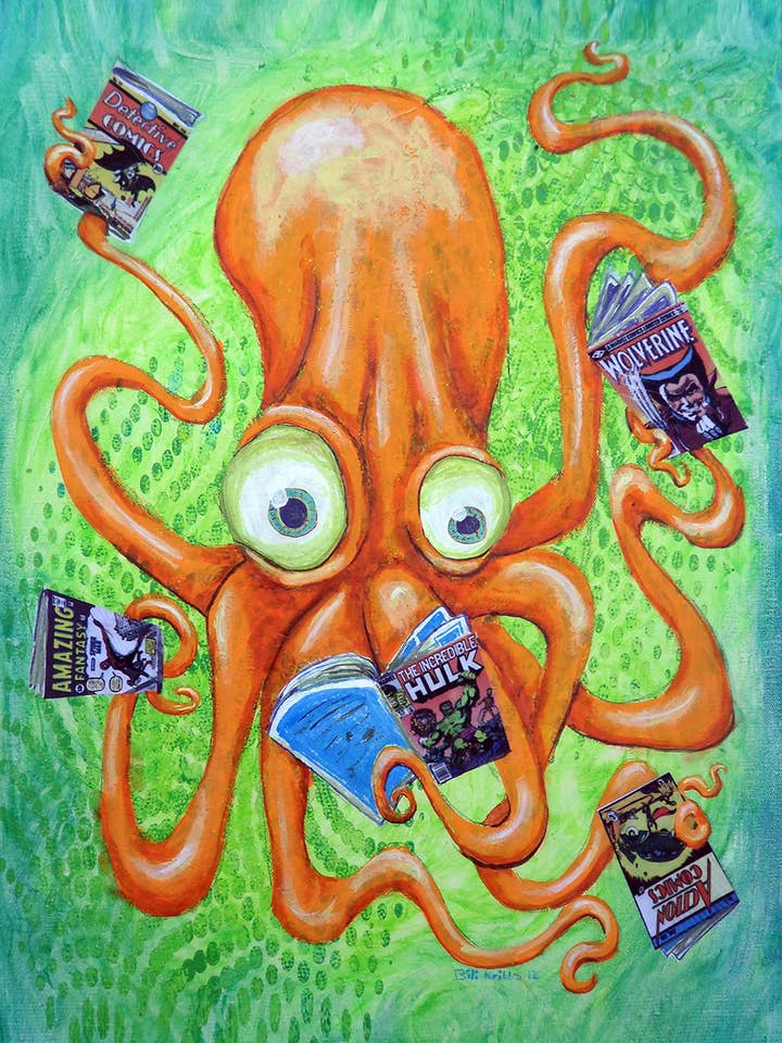 Comic book Octopus (original art print) 11 x17 for wholesale by Extravaganza of Strange : Art of Bili Kribbs