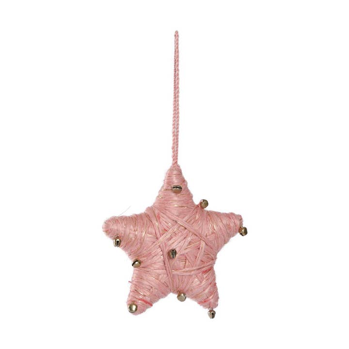 Blush Chunky Yarn Wrapped Star Ornament With Jingle Bells for wholesale by Vatican Homes