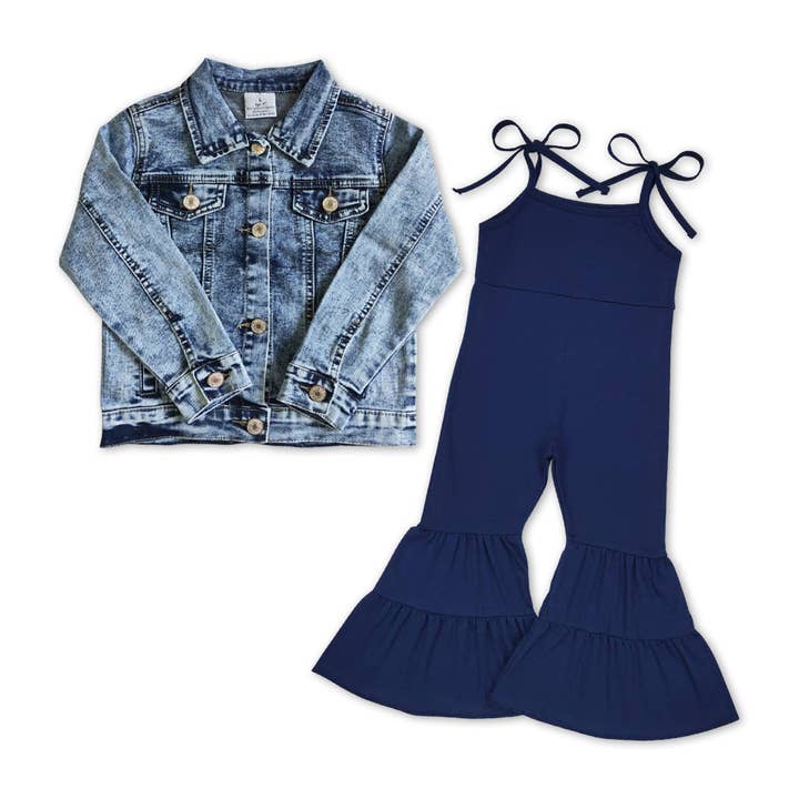 Aier Wholesale - Wholesale Top & Pant Set - Kids - Baby Girls Denim Jackets Navy Jumpsuits 2pcs Clothing Sets