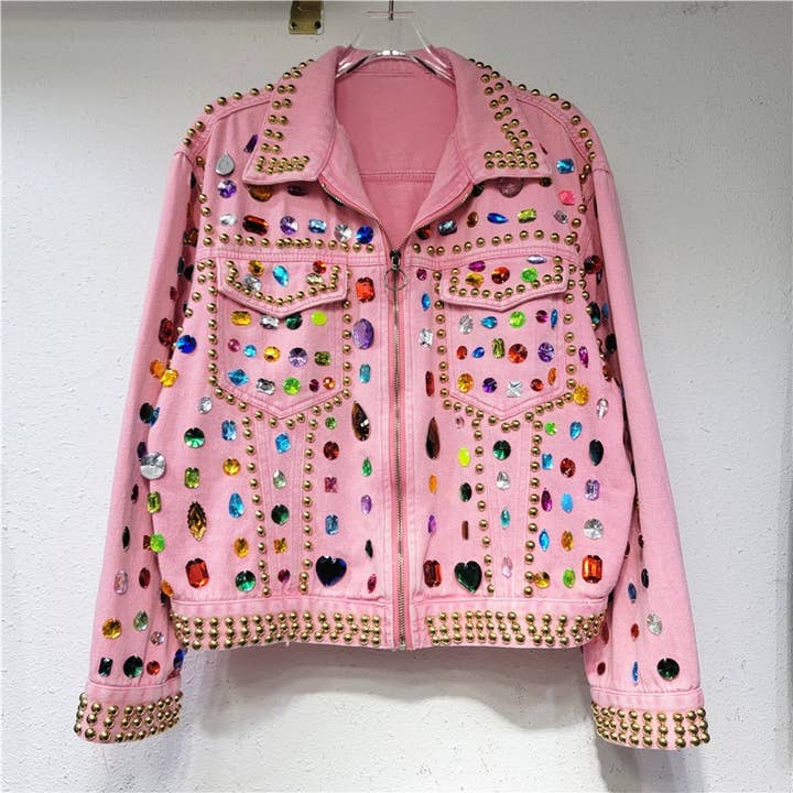 JK042 Chic Pink Diamond-Encrusted Denim Jacket for wholesale by Productseeker