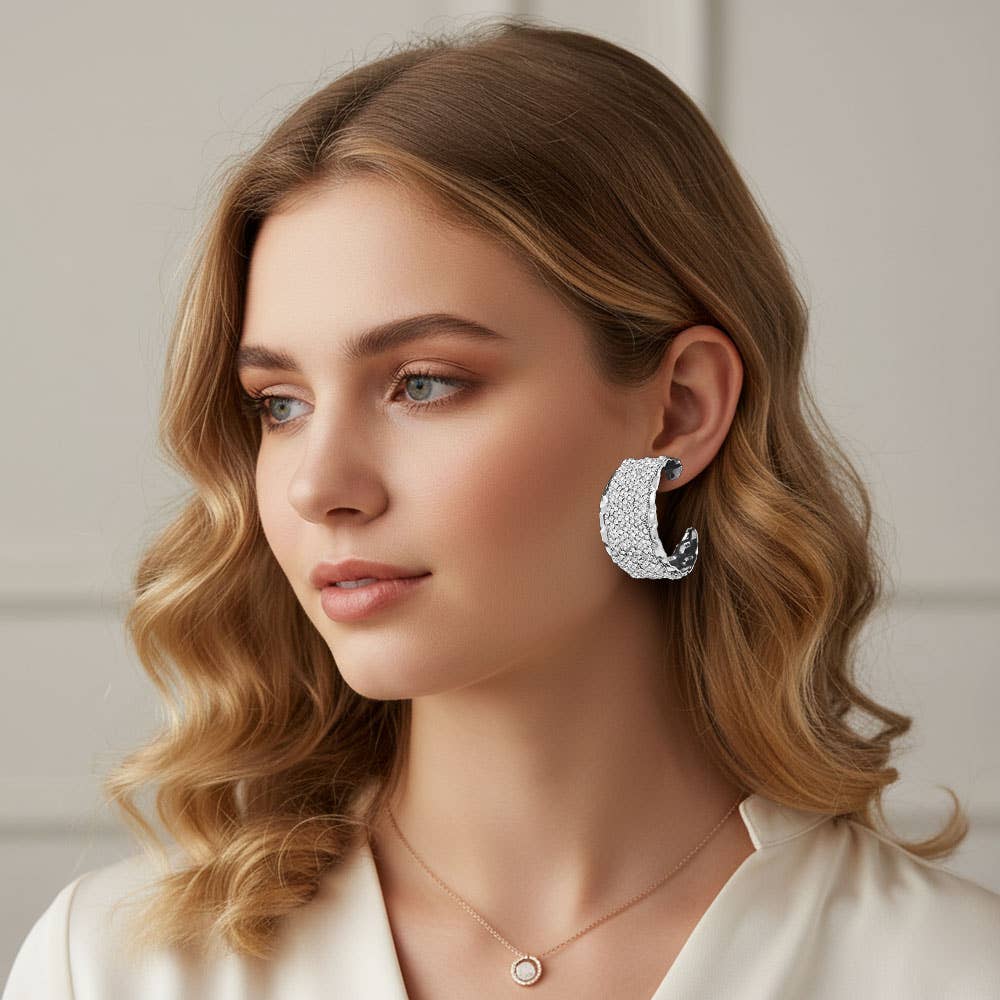 Sensibling Corp. - Wholesale Hoop Earrings - Bold Wide Rhinestone Paved Textured Metal Hoop Earrings4