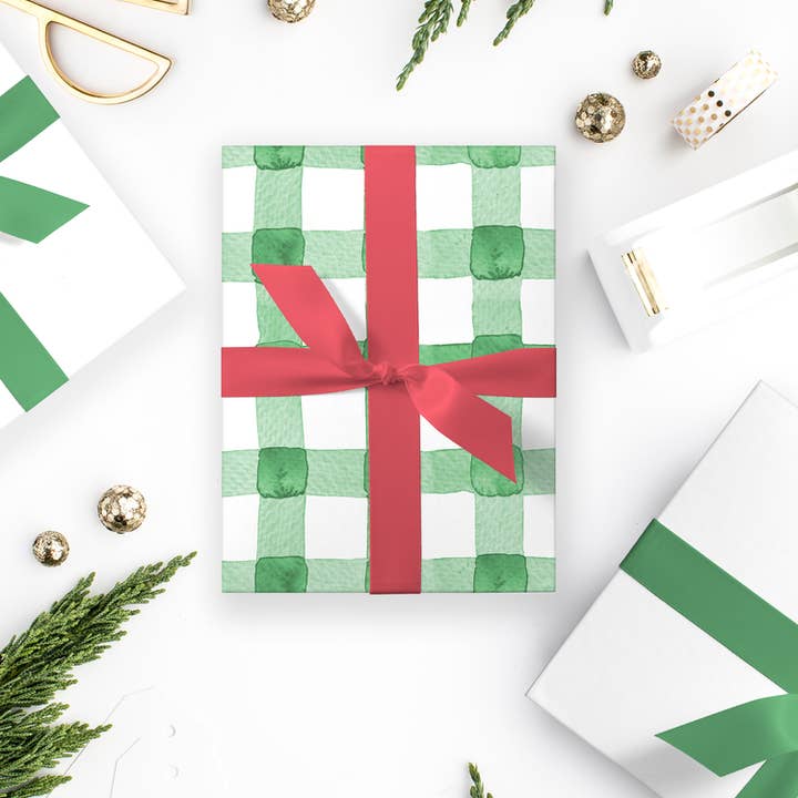 Simply Jessica Marie - Vente Feuille de papier cadeau - Papier cadeau aquarelle Green Buffalo Check 3 feuilles3