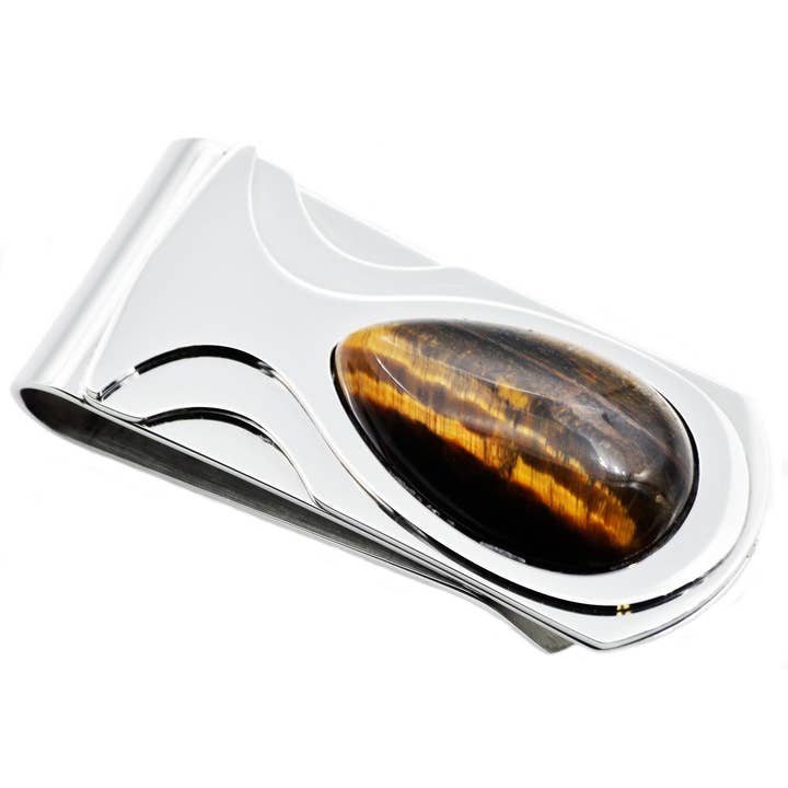 Men's Genuine Tiger Eye Stainless Steel Money Clip for wholesale by Blackjack Mens Jewelry