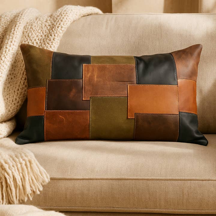 Glamthread - Wholesale Lumbar pillow - Handmade Earth-Toned Leather Lumbar Cushion Cover - Rustic Patchwork Pillow4
